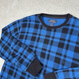 Polo Ralph Lauren Sweater Mens‎ Medium Blue Black Plaid Waffle Knit Preppy